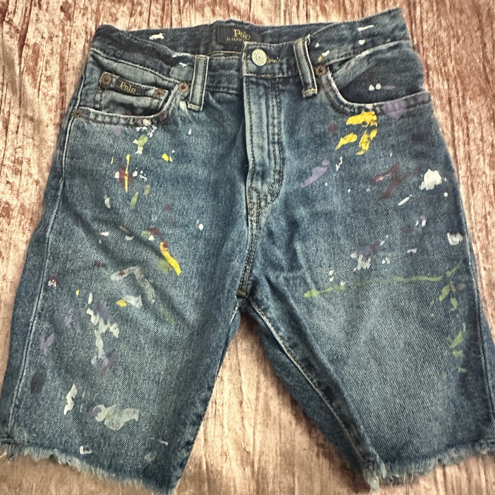 Polo by Ralph Lauren Blue Jean Shorts with Distressed Paint-Splatter